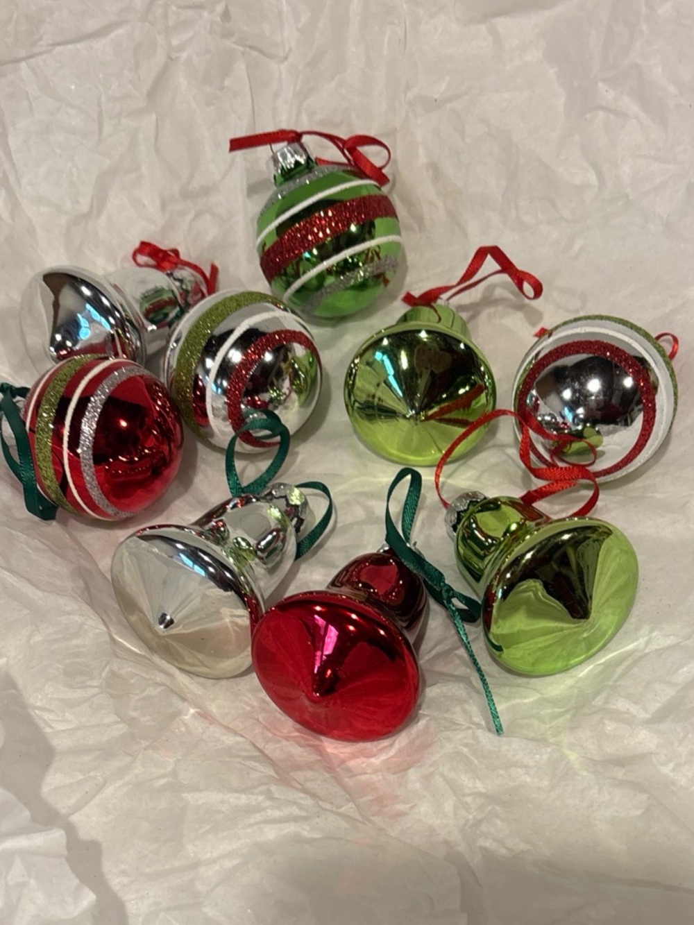 Vintage Shiny Christmas Glads Ornaments balls and Bells multicolor lot of 8